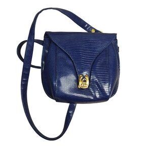 Vintage Crossbody Bag Blue Vegan Leather Lizard Snake skin Clasp Closure